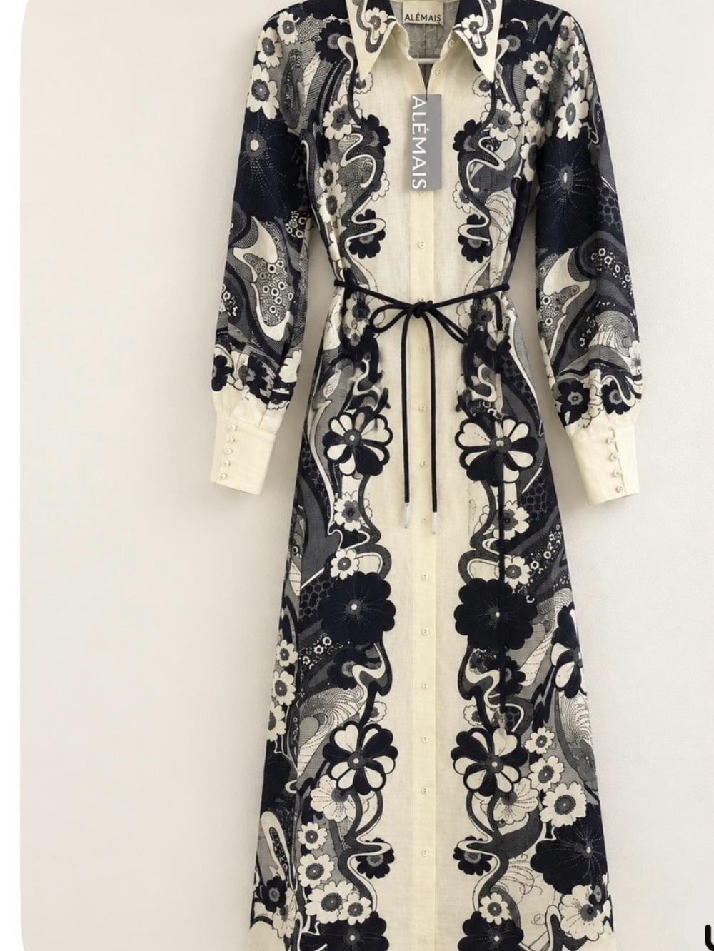 Alémais Black & Cream Floral Button-Front Maxi Dress with Waist Tie